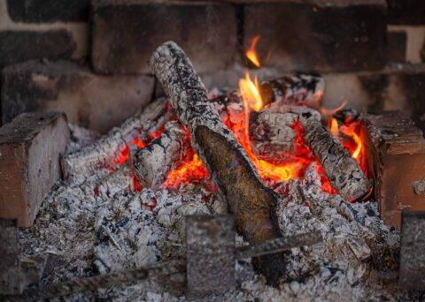 close up of wooden logs in fireplace burning slowly