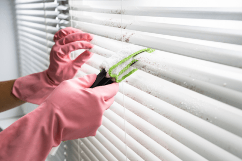 Tong and microfiber cleaning blinds.
